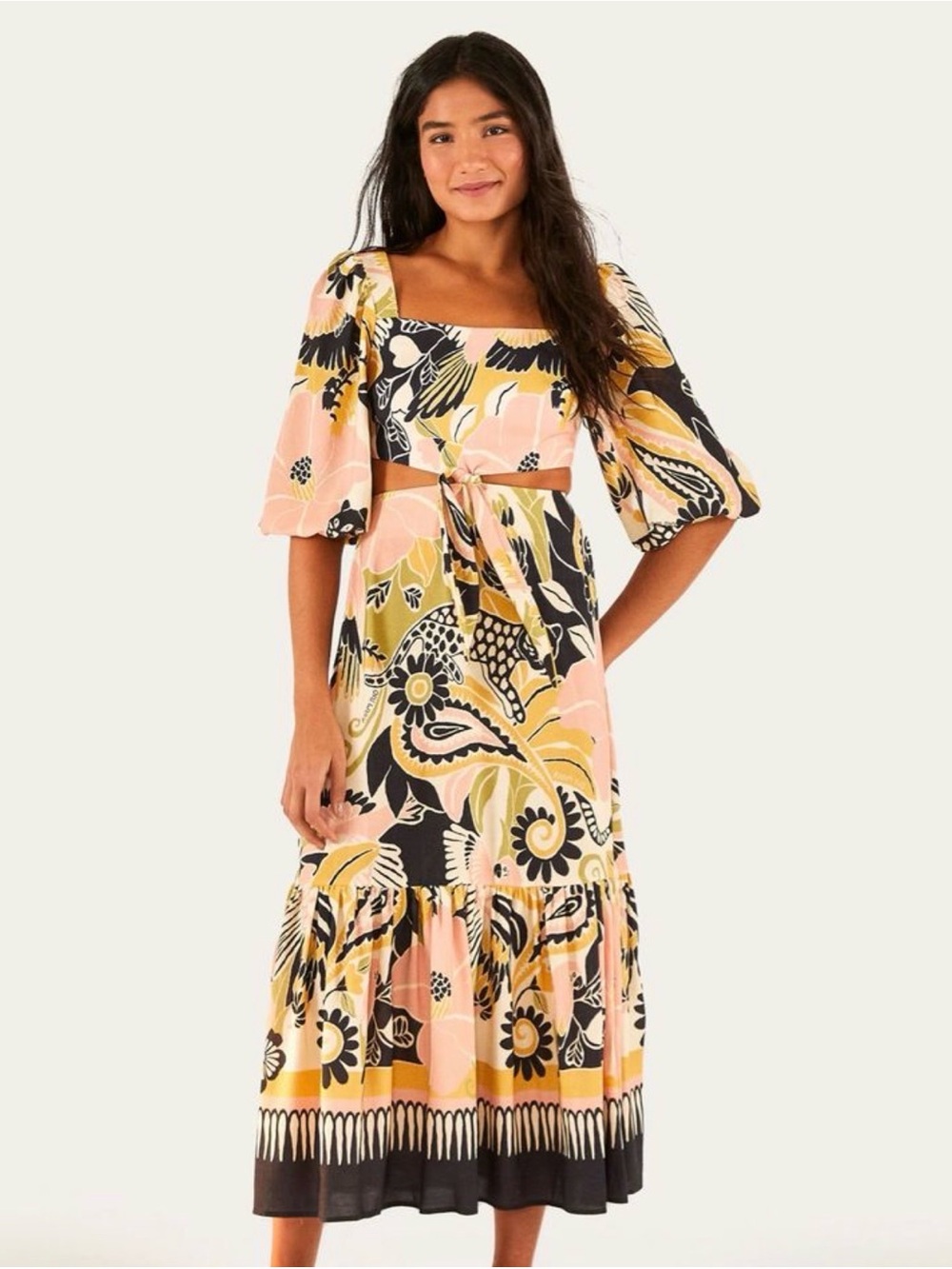 FARM Rio Peach, Yellow & Black Floral Maxi Dress with Cutout sz m new